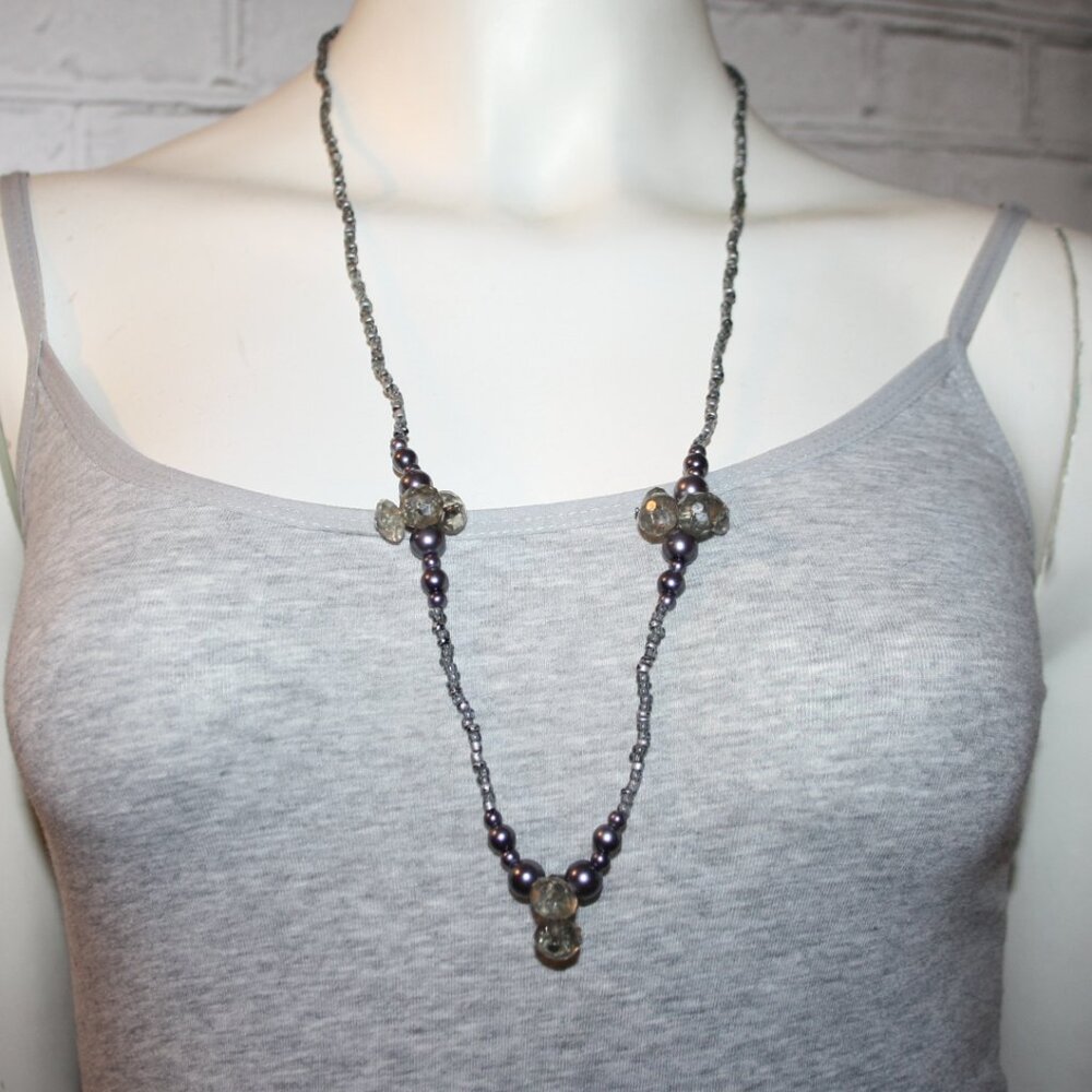🌟 Gray Glass & Pearl Necklace · 30" · Smoky Glow ✨